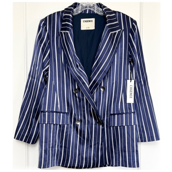 NWT L’AGENCE Silk Satin Navy Stripe Double Breasted Relaxed Fit Blazer Jacket S - Picture 3 of 7